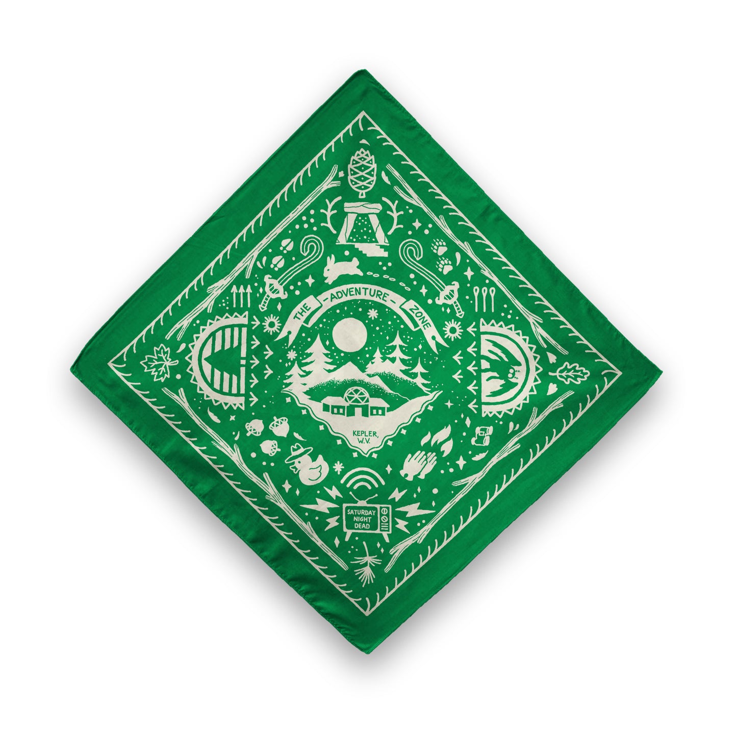 Green bandana: A green bandana with TAZ Amnesty themed illustration in off-white. In the center is the Amnesty Lodge. There is a flourished border with a branch on each side of the bandana. On the left is a rendering of the Pine Guard patch. On the right is an illustration of the mothman. Highlights include a rubber ducky in a ranger hat, two hands casting fire, a vintage television, and the stone archway that leads to Sylvain.