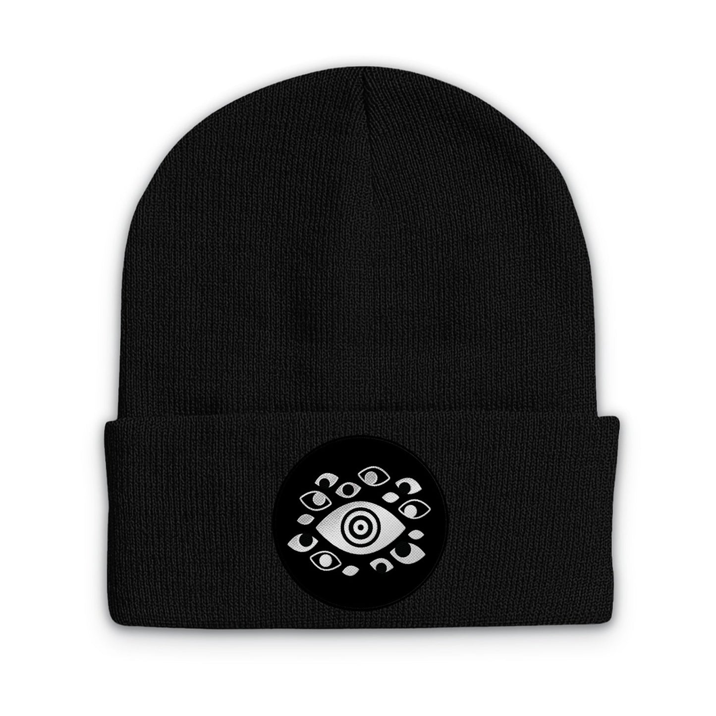 Black beanie with a circular emblem in the center of the cuff featuring silver eyes.