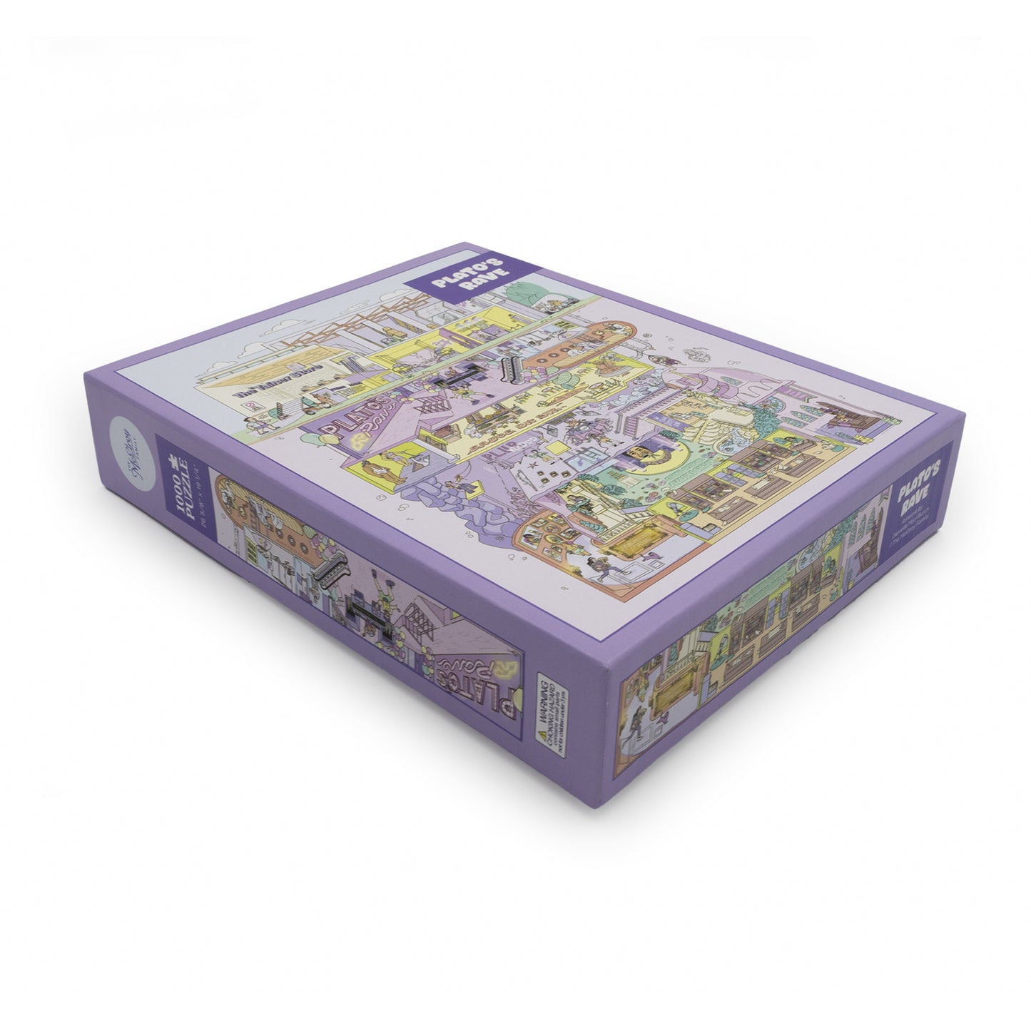 Purple puzzle box that is closed and say Plato's Rave. It has an image of a colorful chaotic scene.