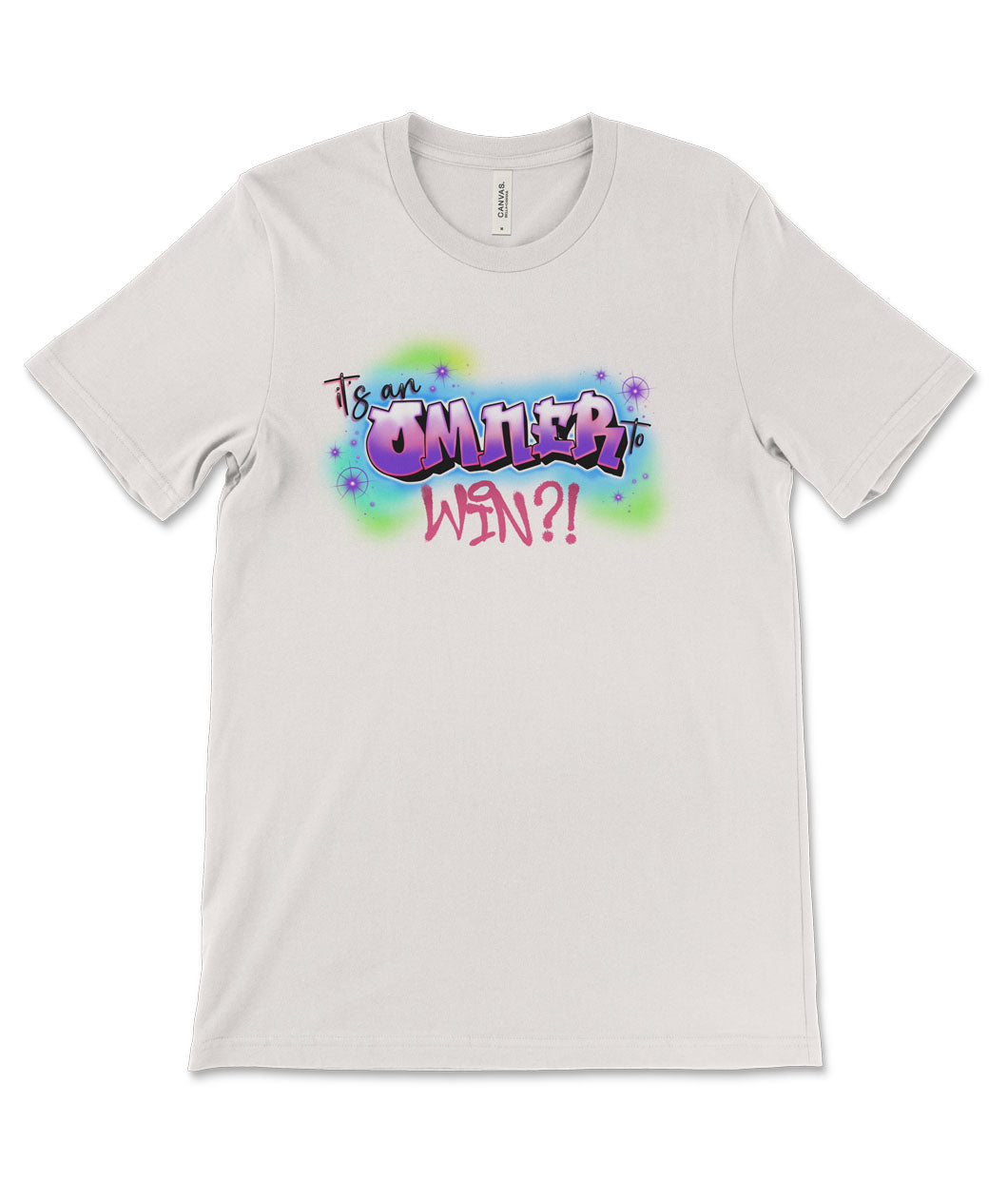 An off-white shirt mockup showing an airbrushed graffiti style graphic that reads "it's an omner to win?!"