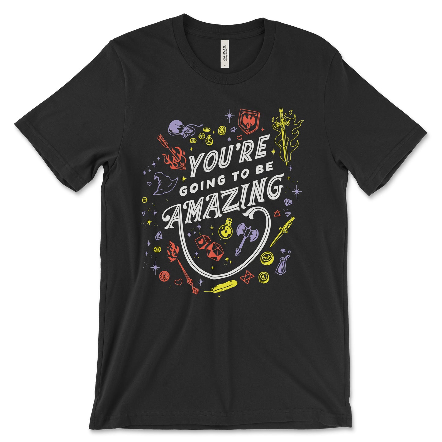 A mockup of a black shirt featuring a design of D&D themed accessories scattered around the phrase "You're going to be amazing" The Accessories include dice, swords, shields, coins, axes, potions, gems and symbols and are illustrated in red, orange and purple.