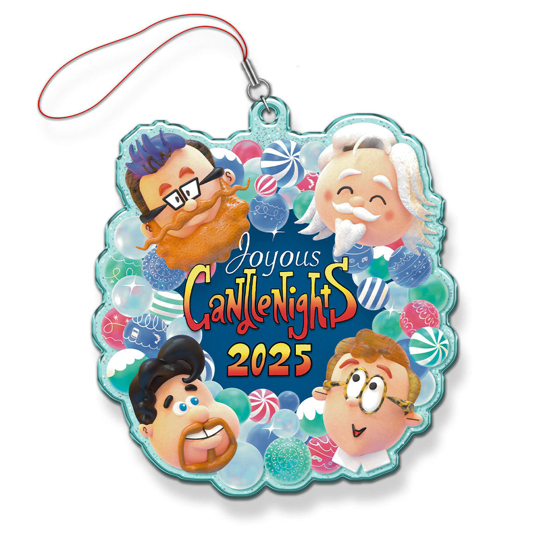 An acrylic Candlenights ornament. The acrylic is a light teal with glitter. The graphic on it is a Rankin/Bass style illustration of a colorful wreath made of candies and circular ornaments. Equidistant around the wreath are illustrations of the McElroys. In the center it says, “Joyous Candlenights 2025”.