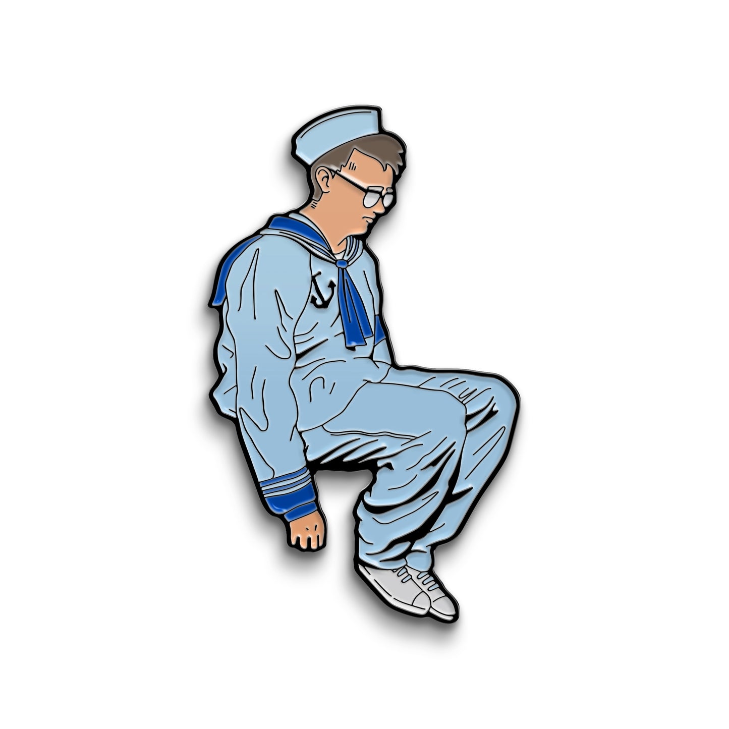 An enamel pin of sad Little Sailor Man Griffin. He is wearing his white sailor suit and hat with white sneakers.