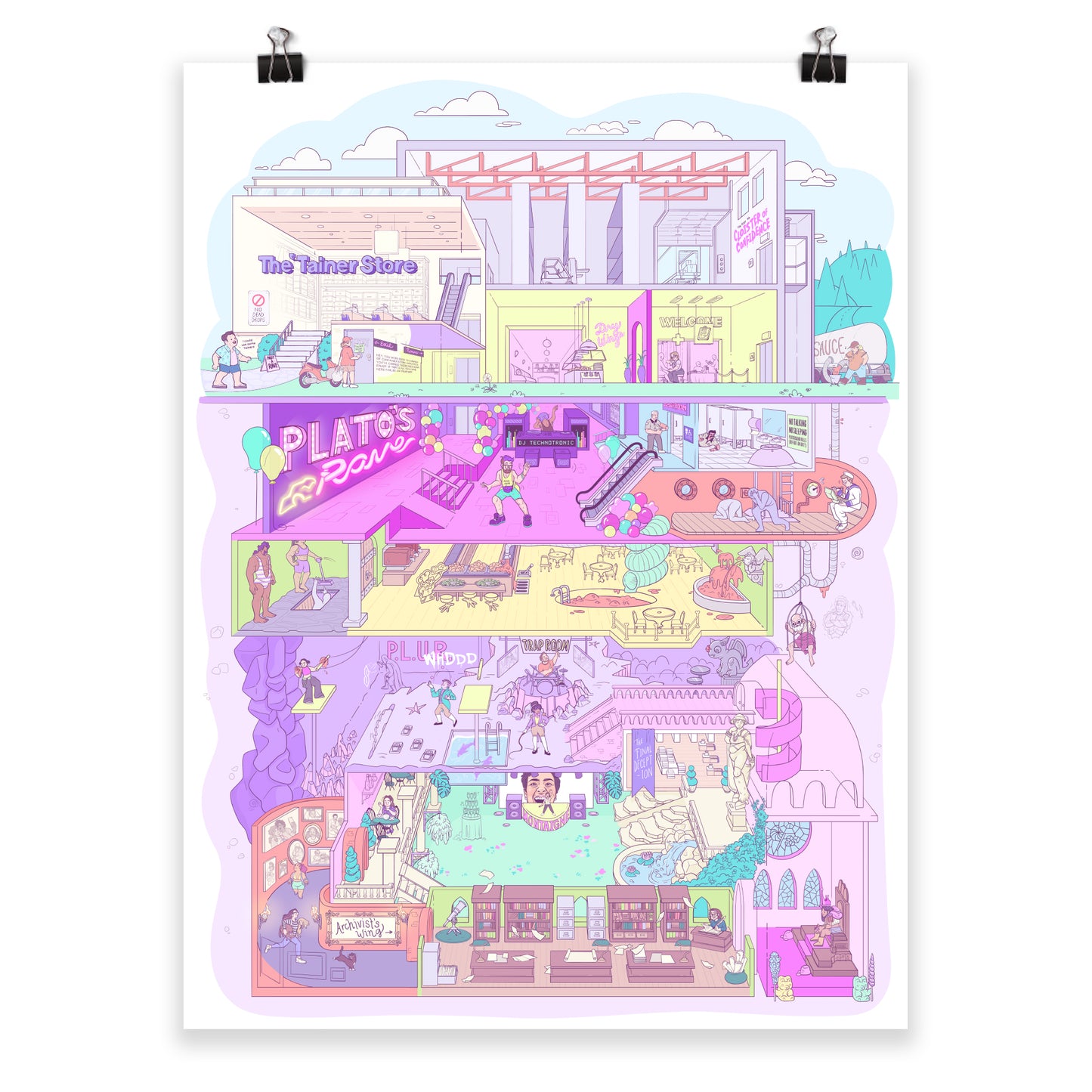 A poster of an illustration of Plato’s Rave. There are 6 main levels, with many smaller offshoots, alcoves, and rooms. The first three levels are above ground, the rest are below. The colors are pastel and soft neons, and there are myriad visual references to the McElroy Family podcasts. Three inset images show closeup details of Justin about to enter the store, Travis dancing, and Griffin in his sailor suit.