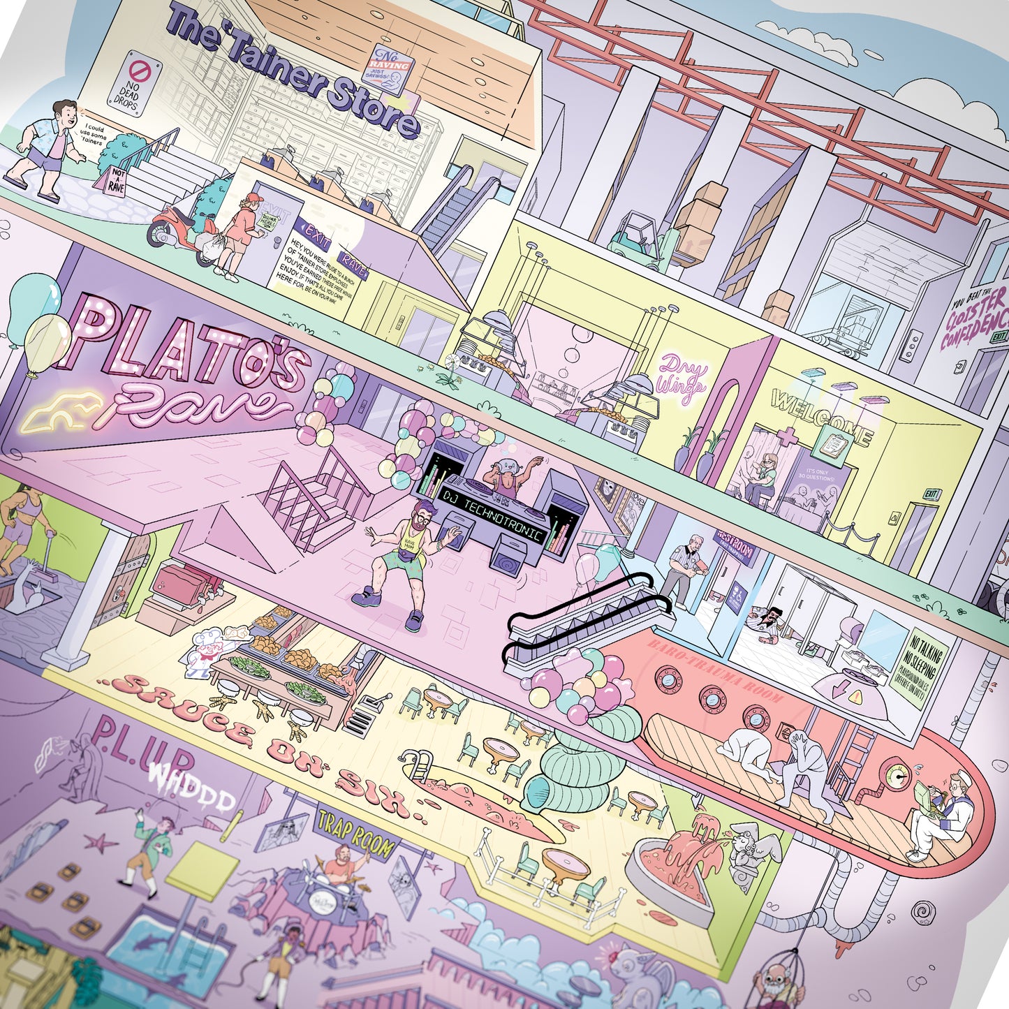 A close up of the puzzle image that has a multilevel room with people on each level in pastel colors.