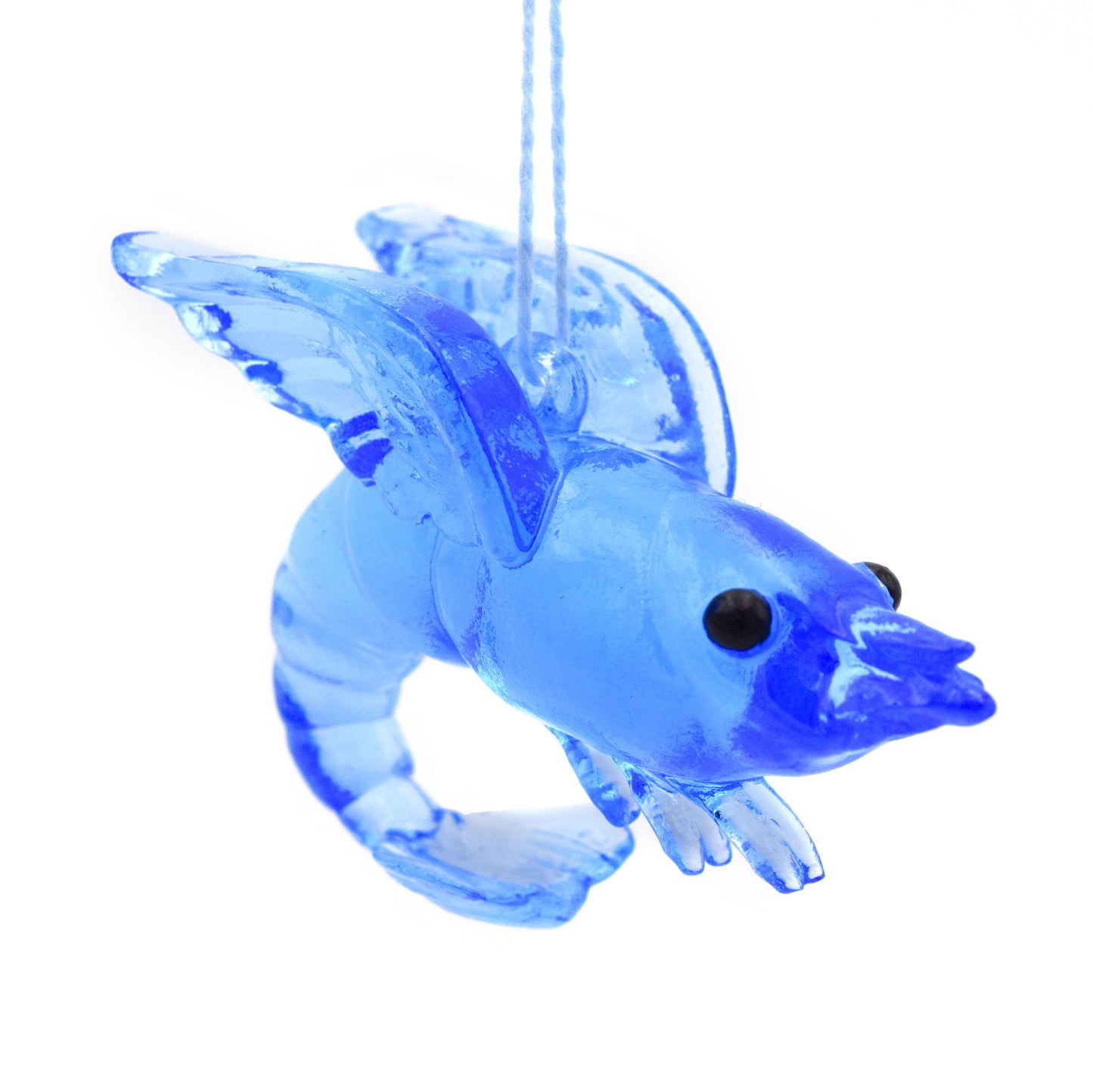 A translucent blue shrimp ornament. The shrimp has wings and beady black eyes.