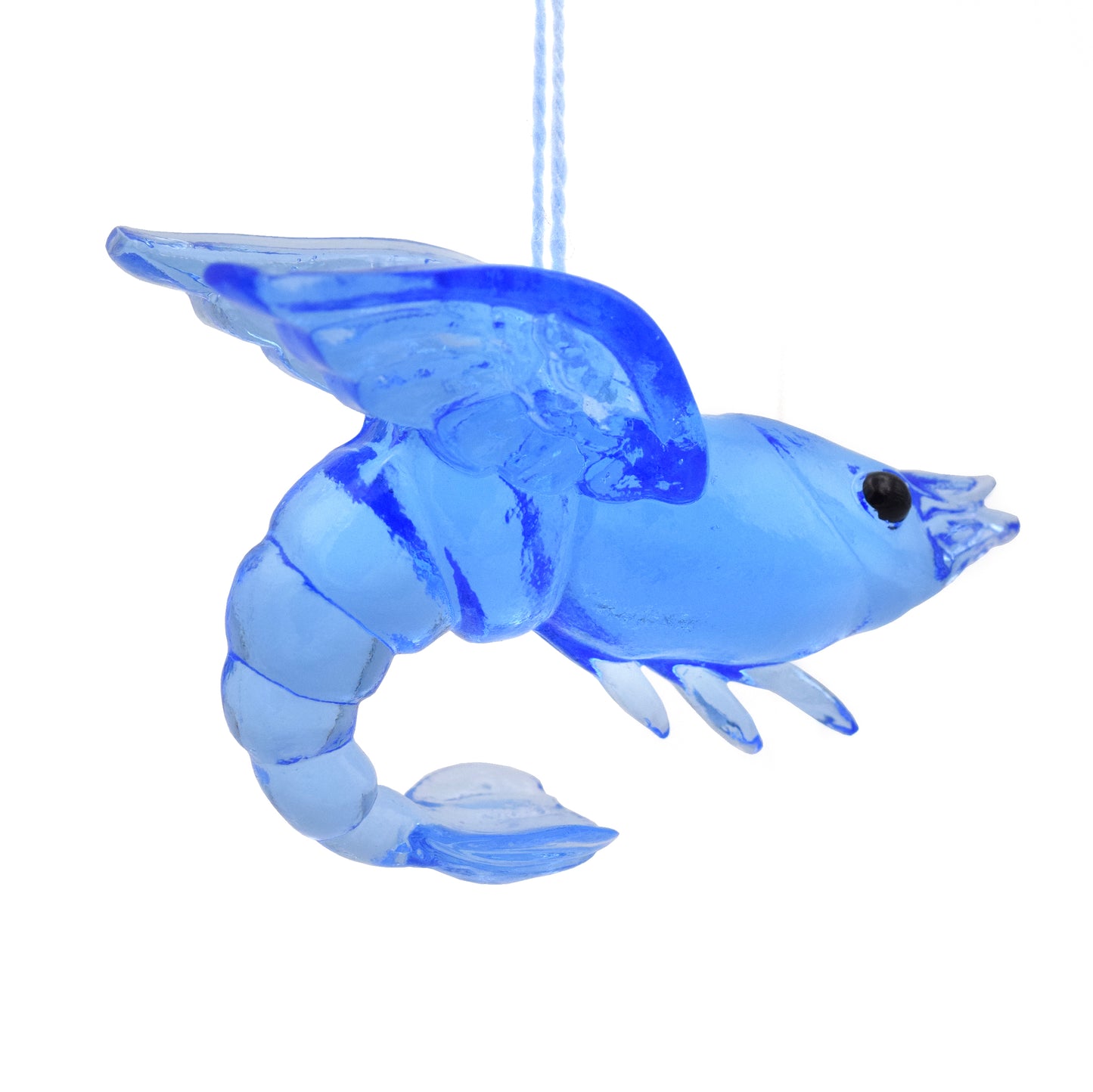 A translucent blue shrimp ornament. The shrimp has wings and beady black eyes.