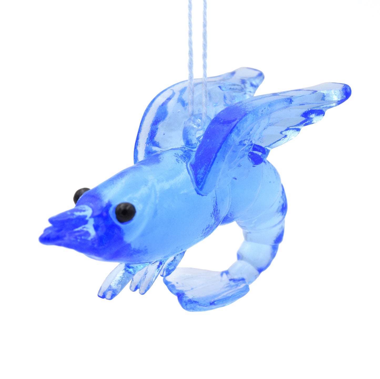  A translucent blue shrimp ornament. The shrimp has wings and beady black eyes.