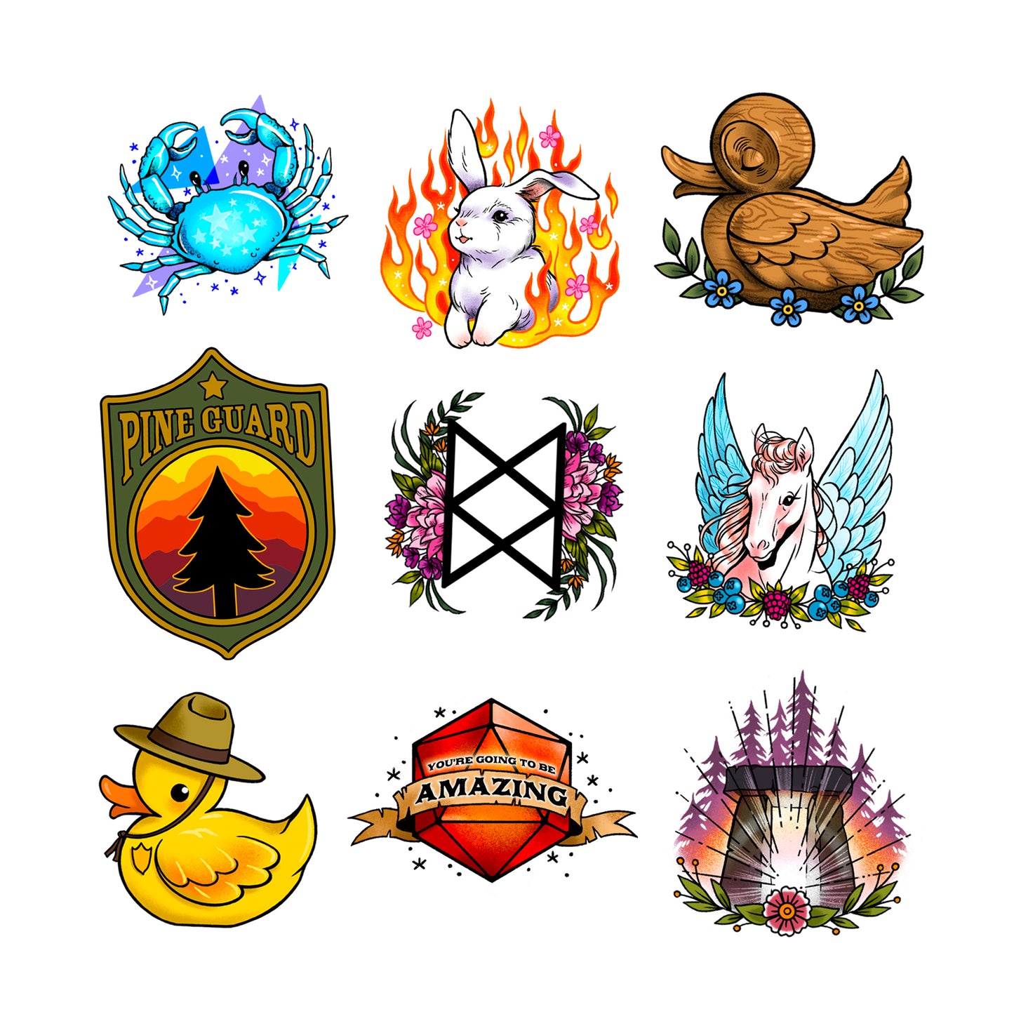 Nine temporary tattoo designs. Top row left to right: a pegasus with wings and berries; the Amnesty gate with trees and a flower; a duck wearing a ranger hat and badge. Center row left to right: A Pine Guard patch; a rabbit surrounded by flames and pink flowers; the BoB sigil with pink flowers and leaves around it. Bottom row left to right: a wooden duck with flowers and leaves; a d20 with a banner that says, “You’re going to be AMAZING.”; a blue crab with stars on its back.