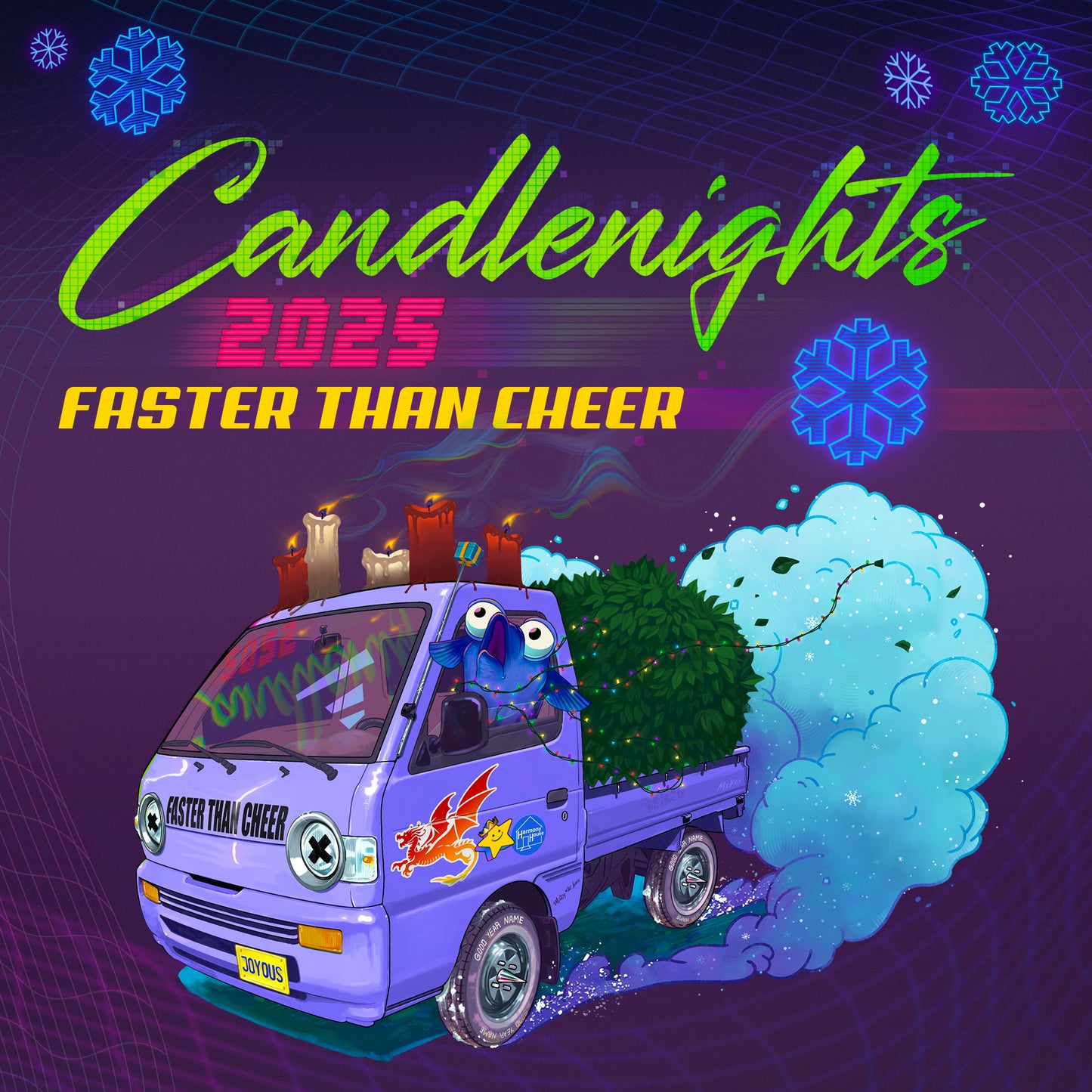 An illustration featuring Miggy Mackeral driving the Twenty Thunder Drive truck that has been decked out with holiday decorations. There are neon snowflakes in the background and the caption reads "Candlenights 2025 Faster than Cheer"