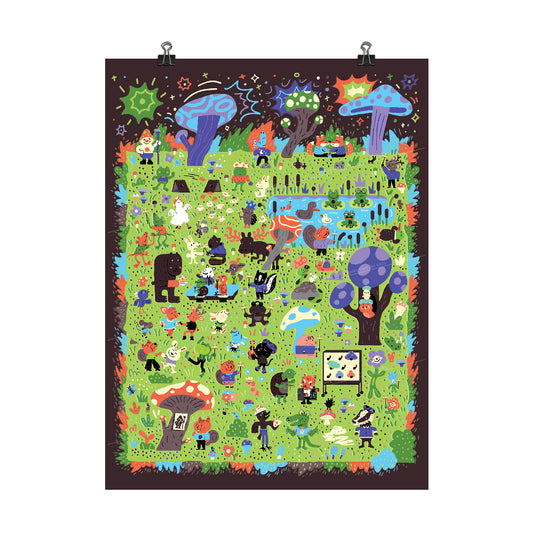 Find Fungalore Poster: A brightly illustrated poster of mushroom trees and mushroom costumed creatures. There are bursts of colors and creatures partying all over. Hidden among them is Fungalore.