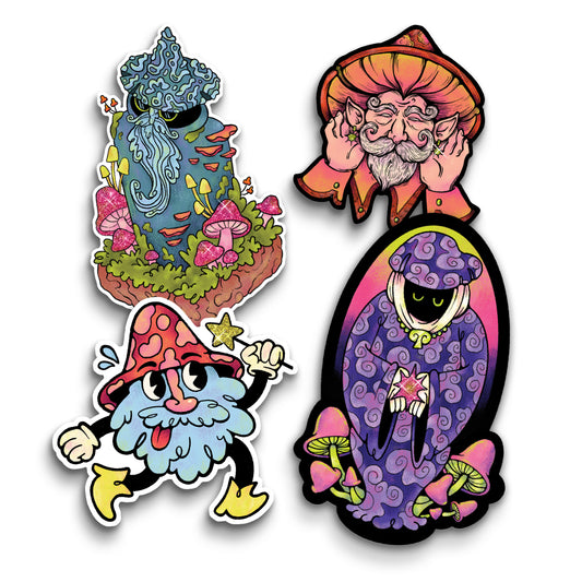 Four stickers depicting different styles of Fungalore. The top left is a mushroom wizard with a blue cap and robes. Mushrooms are growing out of him and at his feet. Top right is an older man with a beard and an orange mushroom cap on his head. Bottom left is a cartoon mushroom who is mostly bushy beard. He has a red mushroom cap and is holding a wand. Bottom right depicts a faceless wizard wearing a swirly cap and robes. He is holding a wish in his hands.