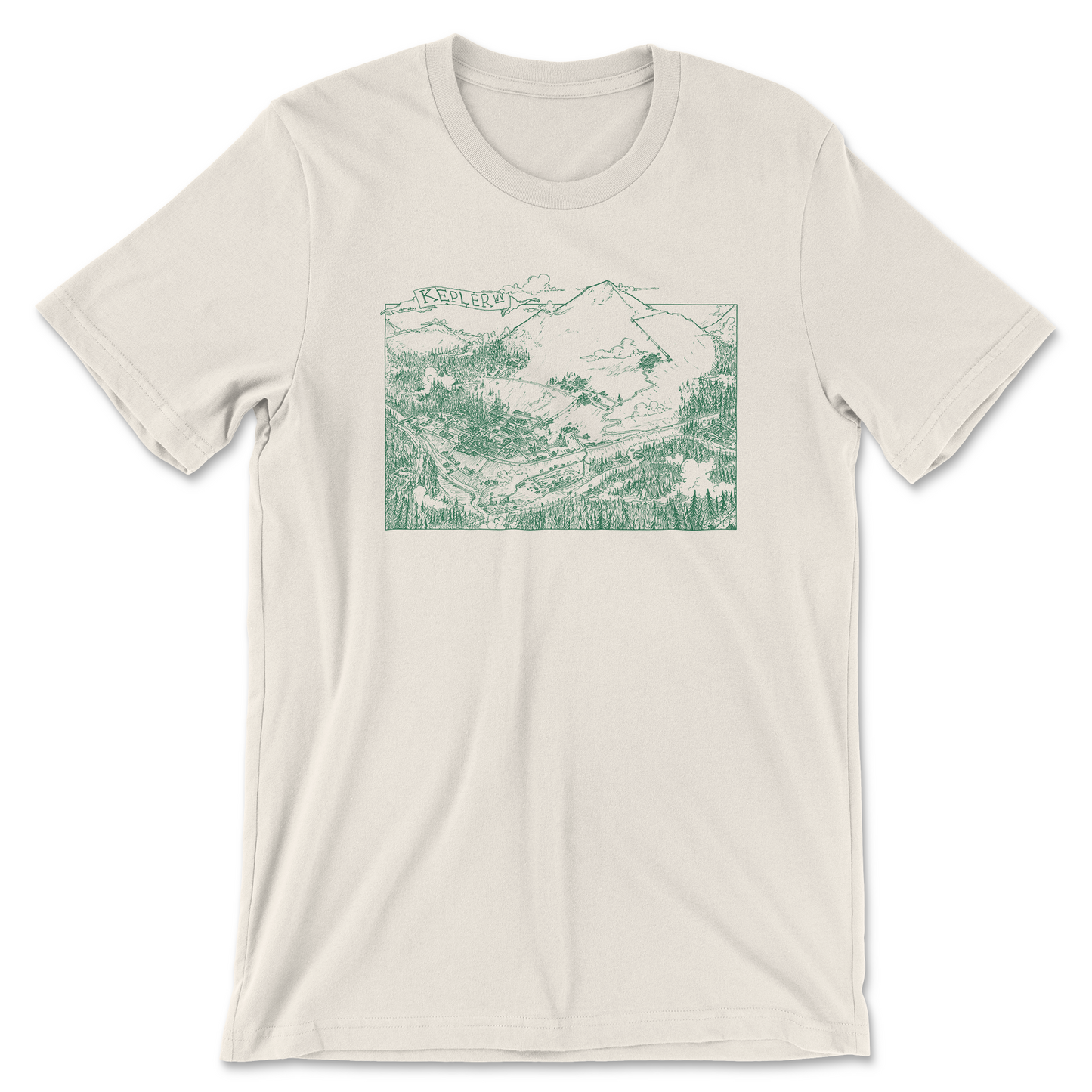 A natural colored tee shirt. There is a green line drawing of a town between a tall mountain and a sprawling forest. At the top of the illustration is a banner that says, "Kepler WV".