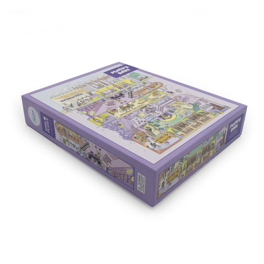 Purple puzzle box that is closed and say Plato's Rave. It has an image of a colorful chaotic scene.