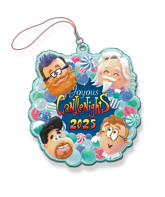 An acrylic Candlenights ornament. The acrylic is a light teal with glitter. The graphic on it is a Rankin/Bass style illustration of a colorful wreath made of candies and circular ornaments. Equidistant around the wreath are illustrations of the McElroys. In the center it says, “Joyous Candlenights 2025”.