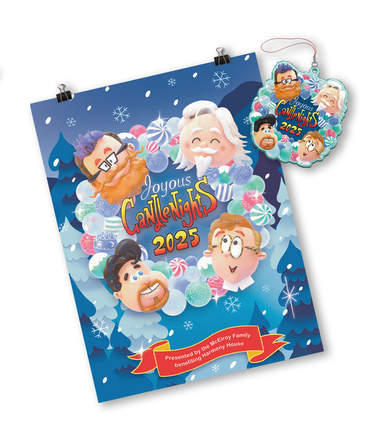 A mockup featuring both the 2025 Candlenights poster and ornament.