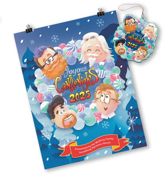 A mockup featuring both the 2025 Candlenights poster and ornament.