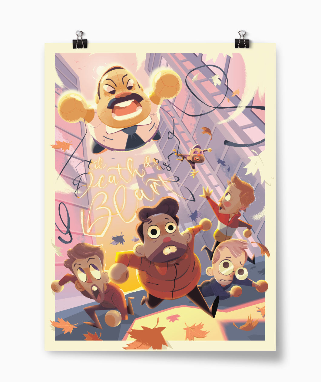 A mockup of a poster. It features cartoon versions of Tim Batt and Guy Montgomery from The Worst Idea of All Time along with Justin and Griffin McElroy running away from a menacing Paul Blart shaped balloon. Travis McElroy is caught in the strings of the balloon which spell out "til Death do us Blart"