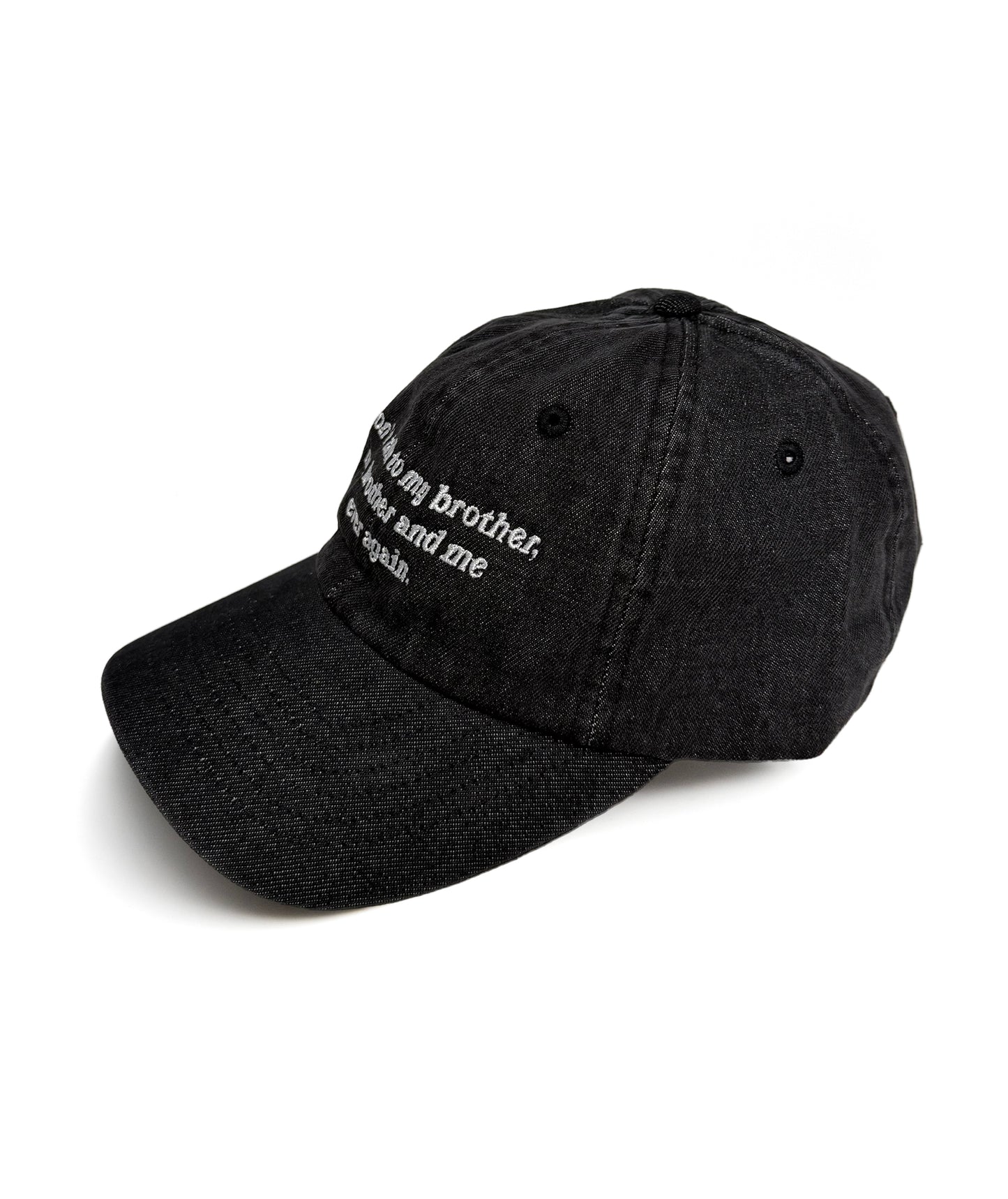 A black baseball cap with white embroidered text on the front. The text says, “Don’t talk to my brother, my brother and me ever again.”