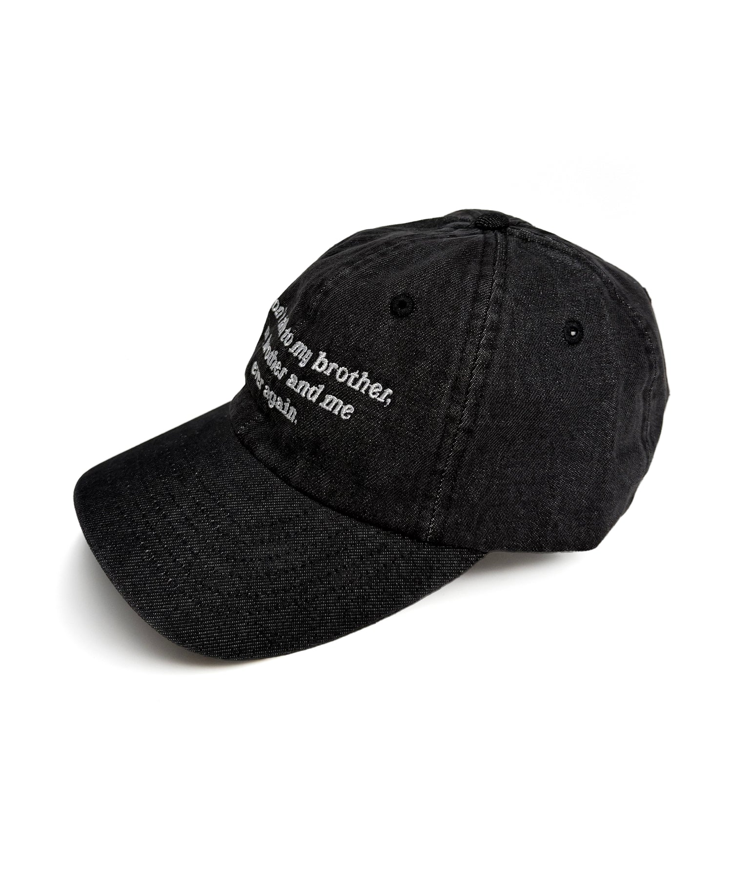 A black baseball cap with white embroidered text on the front. The text says, “Don’t talk to my brother, my brother and me ever again.”