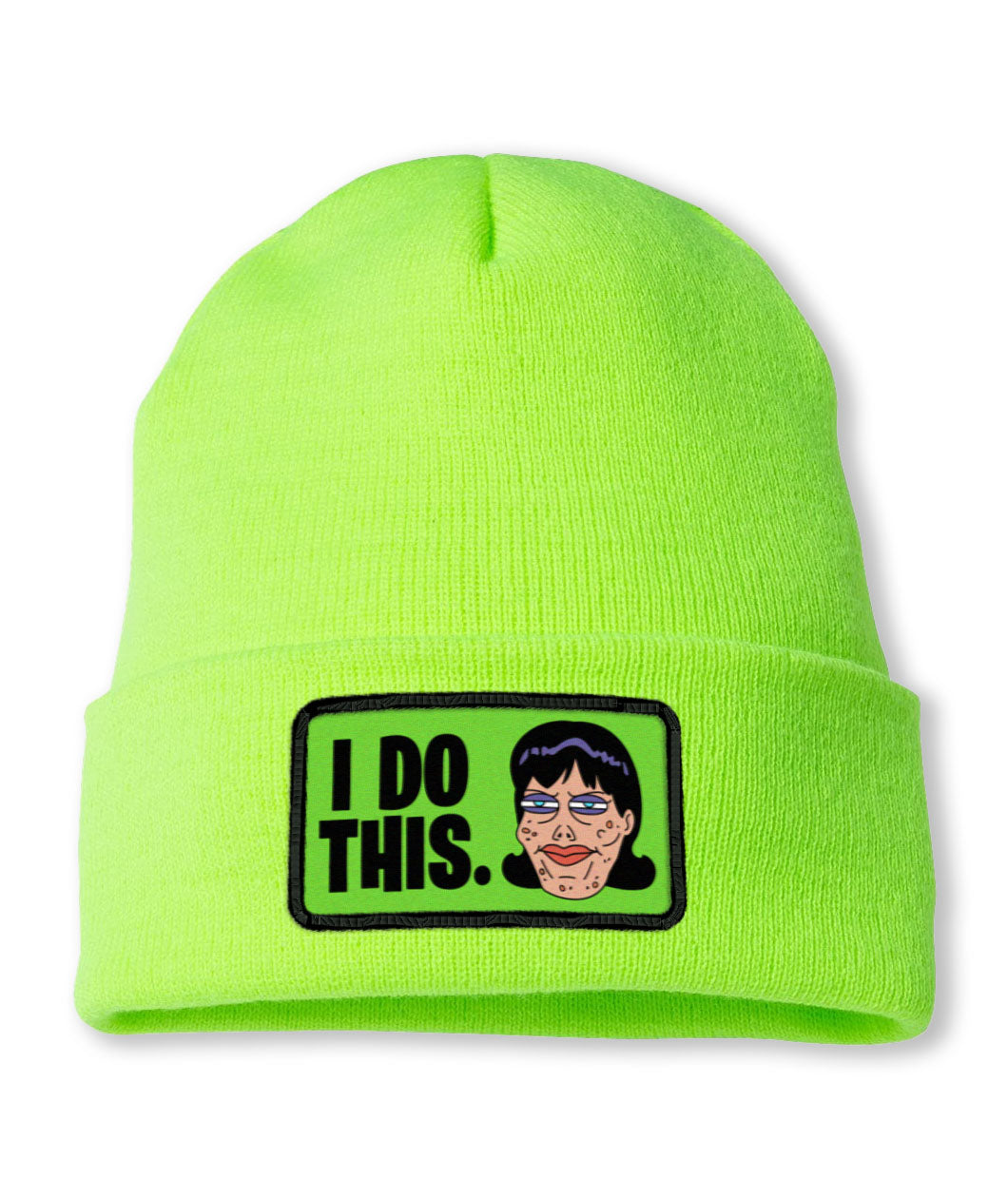 A digital mockup of a green beanie with a patch on the front cuffed brim. The patch is green with a cartoon of Final Pam's face and the text "I do this."