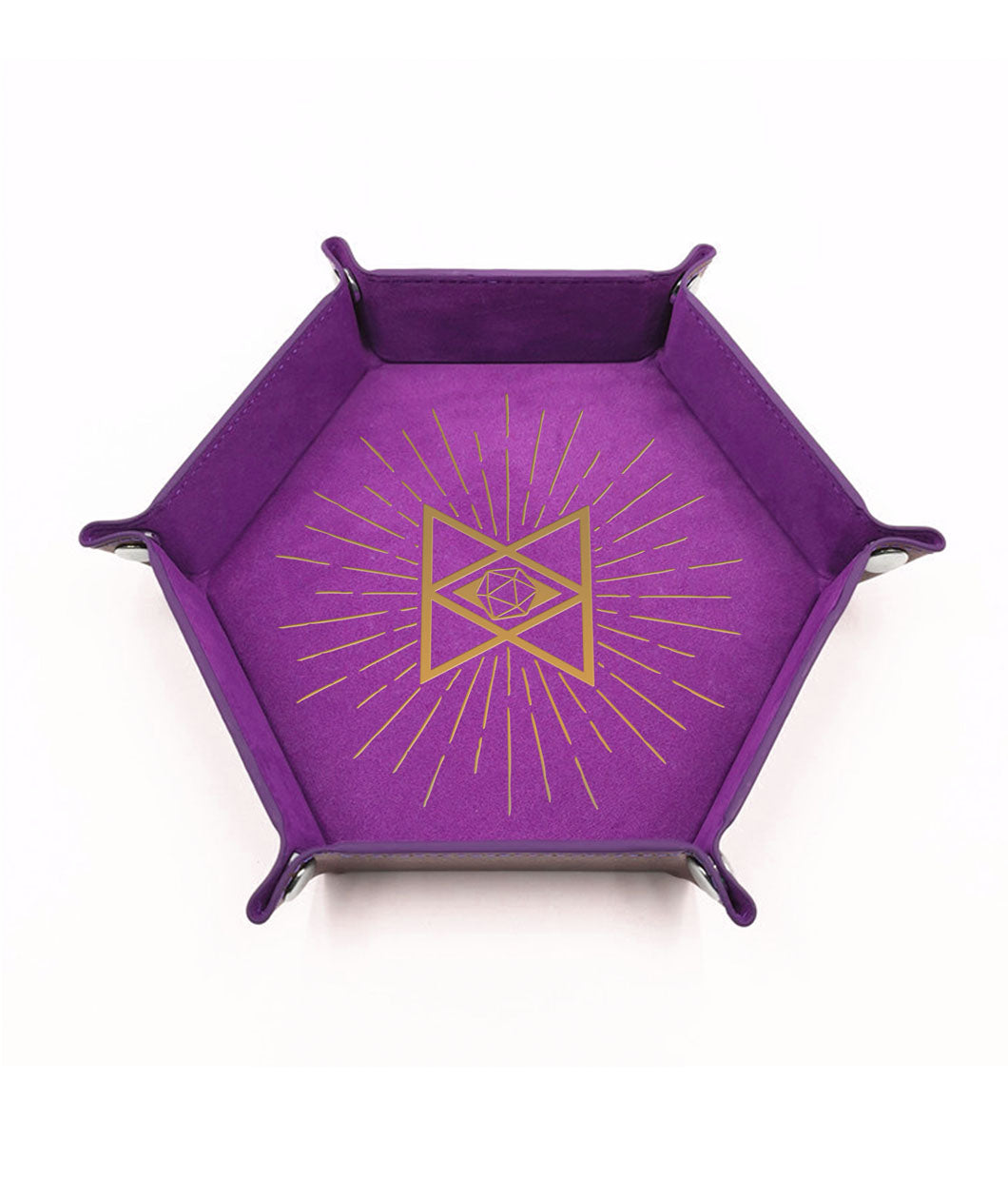 A photo of a purple dice tray with foldable snap sides. It features a gold foil design of an hourglass shape with a d20 in the middle.