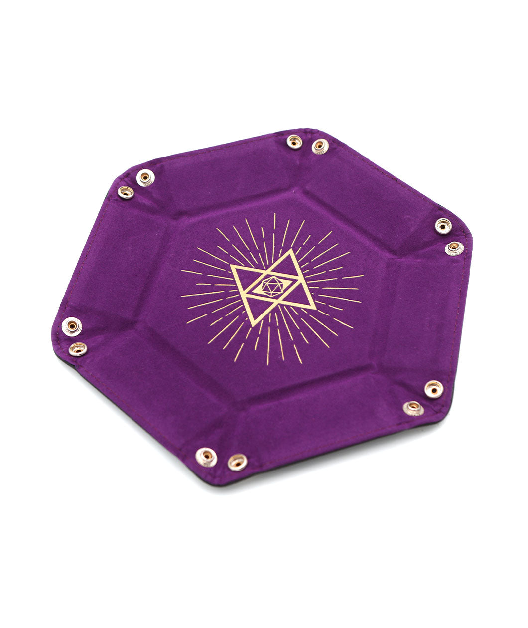 A photo of a purple dice tray with foldable snap sides, laying flat. It features a gold foil design of an hourglass shape with a d20 in the middle.
