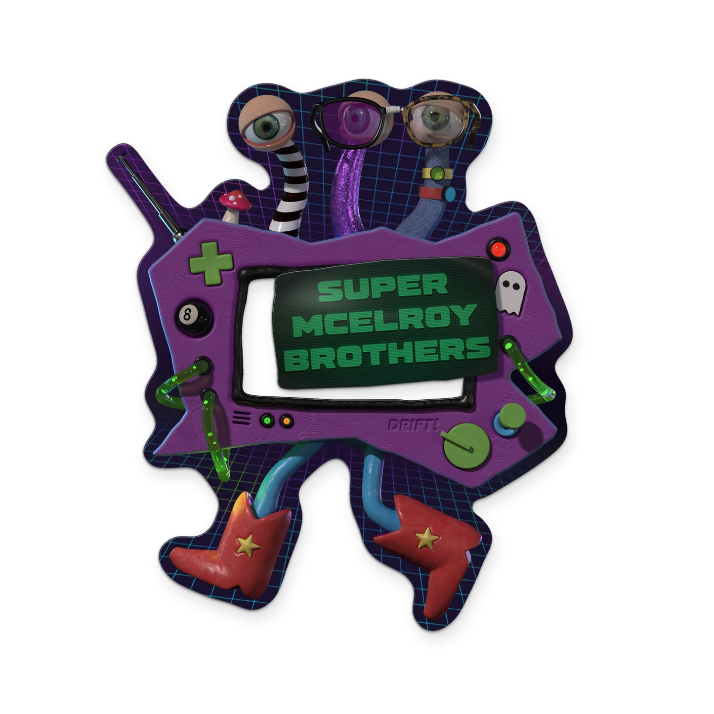Colorful magnet depicting a claymation-style video game console with three eye stalks, glasses, and cowboy boots. The center of the console is a TV screen that pops out and reads "Super McElroy Brothers".