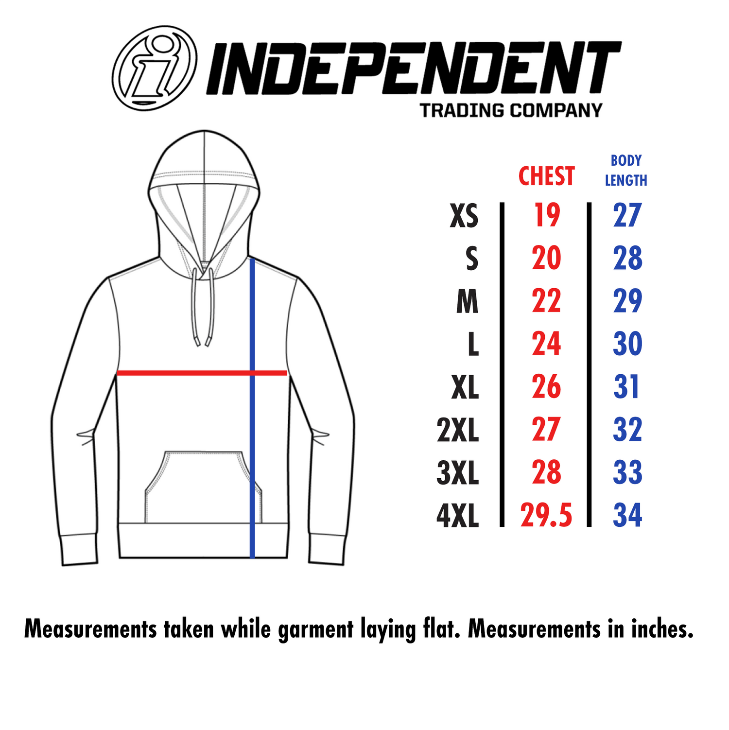 Size chart: Extra Small - Chest 19" Body Length 27". Small - Chest 20" Body Length 28". Medium - Chest 22" Body Length 29". Large - Chest 24" Body Length 30". Extra Large - Chest 26" Body Length 31". Extra Extra Large - Chest 27" Body Length 32". Three Ex El - Chest 28" Body Length 33". Four Ex El - Chest 29.5" Body Length 34"