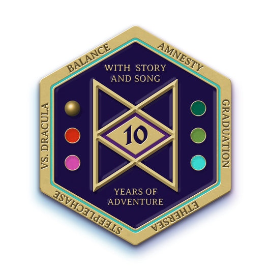 A enamel hexagonal coin with gold edges. The front of the coin has a design of purple waves with the TAZ logo and different types of golden stars. The back of the coin has the Balance logo in the center. On either side of the logo are colored circles representing each campaign. In the center of the logo is the number 10. Around the edges of the coin it says the name of each campaign.