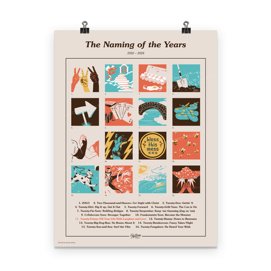 An illustrated poster depicting each Naming of the Year on an off-white background. There are sixteen square illustrations done in a simple, vintage style. Each image is numbered. At the bottom of the poster is a numbered key that matches each year name to its corresponding image. At the top the poster says, “The Naming of the Years 2010-2024”.