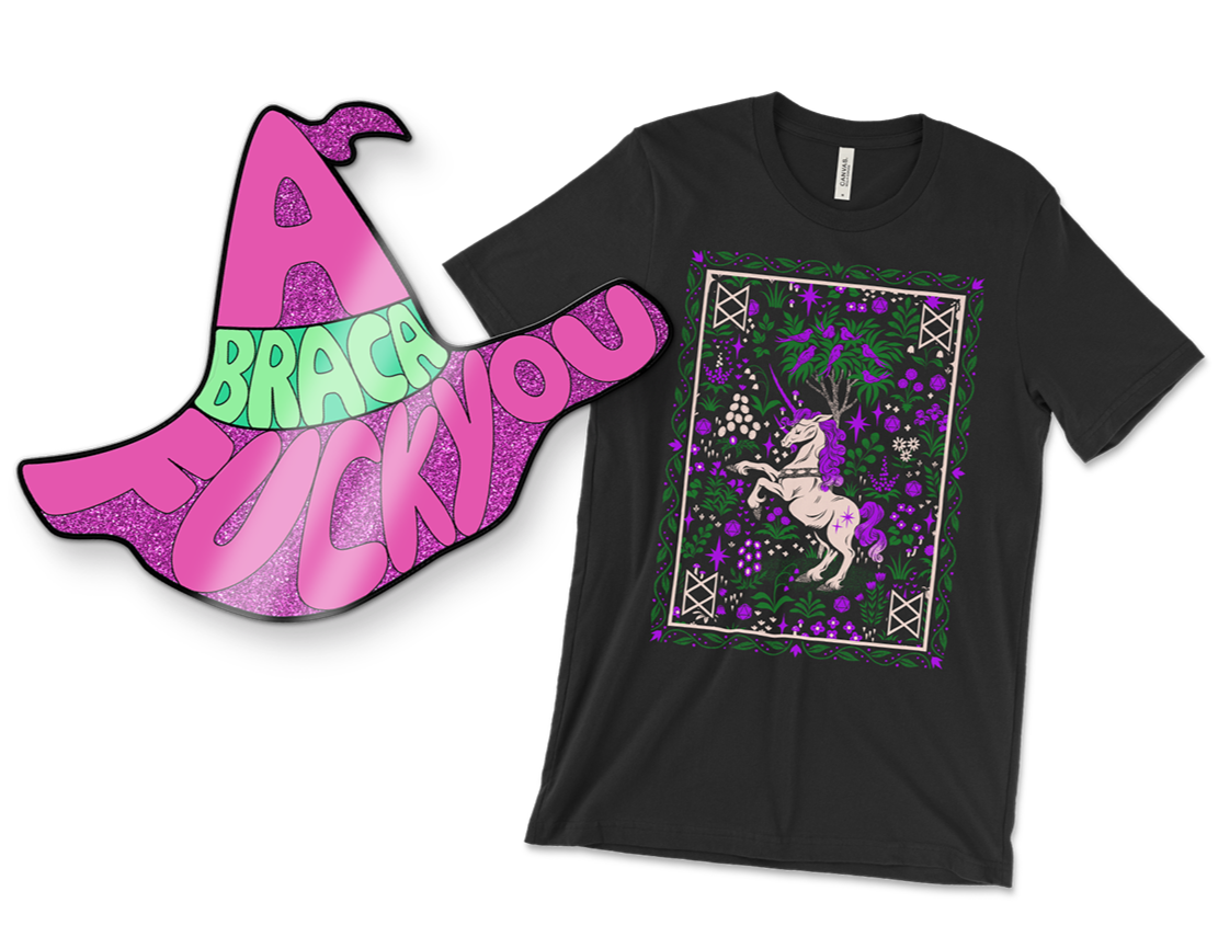 The September McElroy merch images. On the left is a fuschia sticker of a mage hat. Parts of the sticker are glitter. In the shape of the hat are the words, “Abraca-fuck you”. There is a green sash across the hat. On the right is a black tee shirt with an illustration of Garyl the bi-nicorn. Garyl has a curly purple mane and tail and is surrounded by purple flowers and green foliage. There’s a white border with the B.O.B. emblem in each corner.