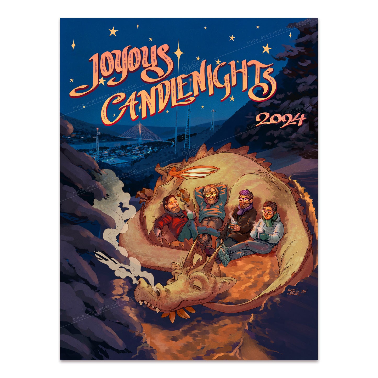 An illustrated poster showing Justin, Clint, Travis, and Griffin all dressed for cold weather and sitting cozily in the crook of a curled up, sleeping dragon. They are in the mountains, and below them in the background is Huntington. Text at the top reads, “Joyous Candlenights 2024”