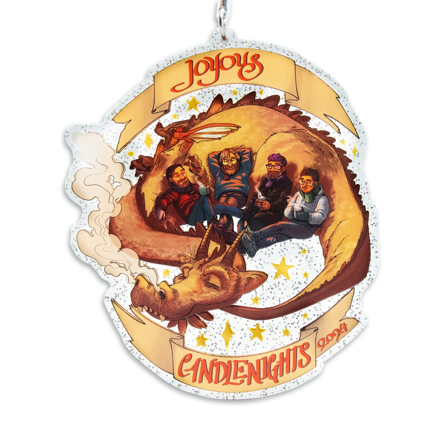 An illustrated acrylic ornament showing Justin, Clint, Travis, and Griffin all dressed for cold weather and sitting cozily in the crook of a curled up, sleeping dragon. All but Clint are holding mugs. Text at the top and bottom reads, “Joyous Candlenights 2024”