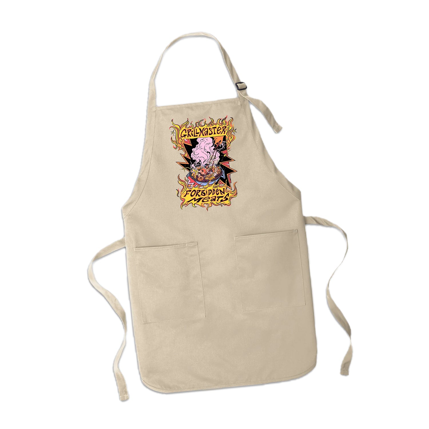 A beige apron with two pockets and an illustration on the front. The illustration is a stylized charcoal grill covered in different fruit with smoke billowing out of it. Above and below it says, “Grillmaster of the forbidden meats.”