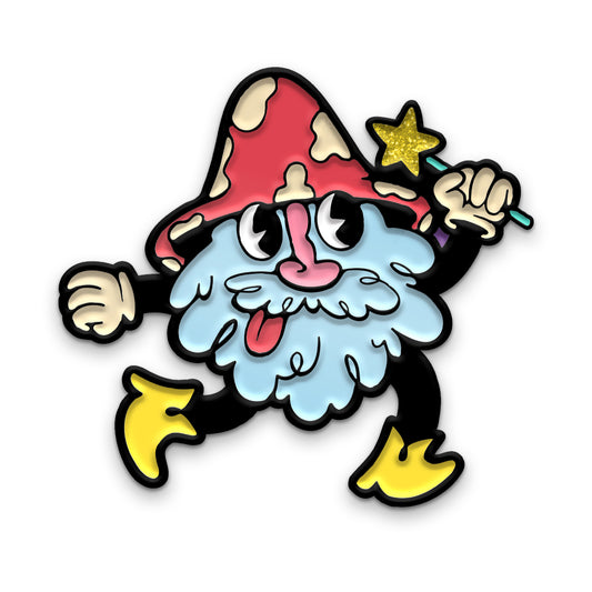 Light blue bearded character with eyes and pink nose and tongue sticking out that  has a red and tan spotted mushroom hat on. This fungalore character appears to be running in yellow boots with black lines for legs and arms wearing tan gloves. He is holding a green wand in his left hand that has a sparkly gold star at the top.