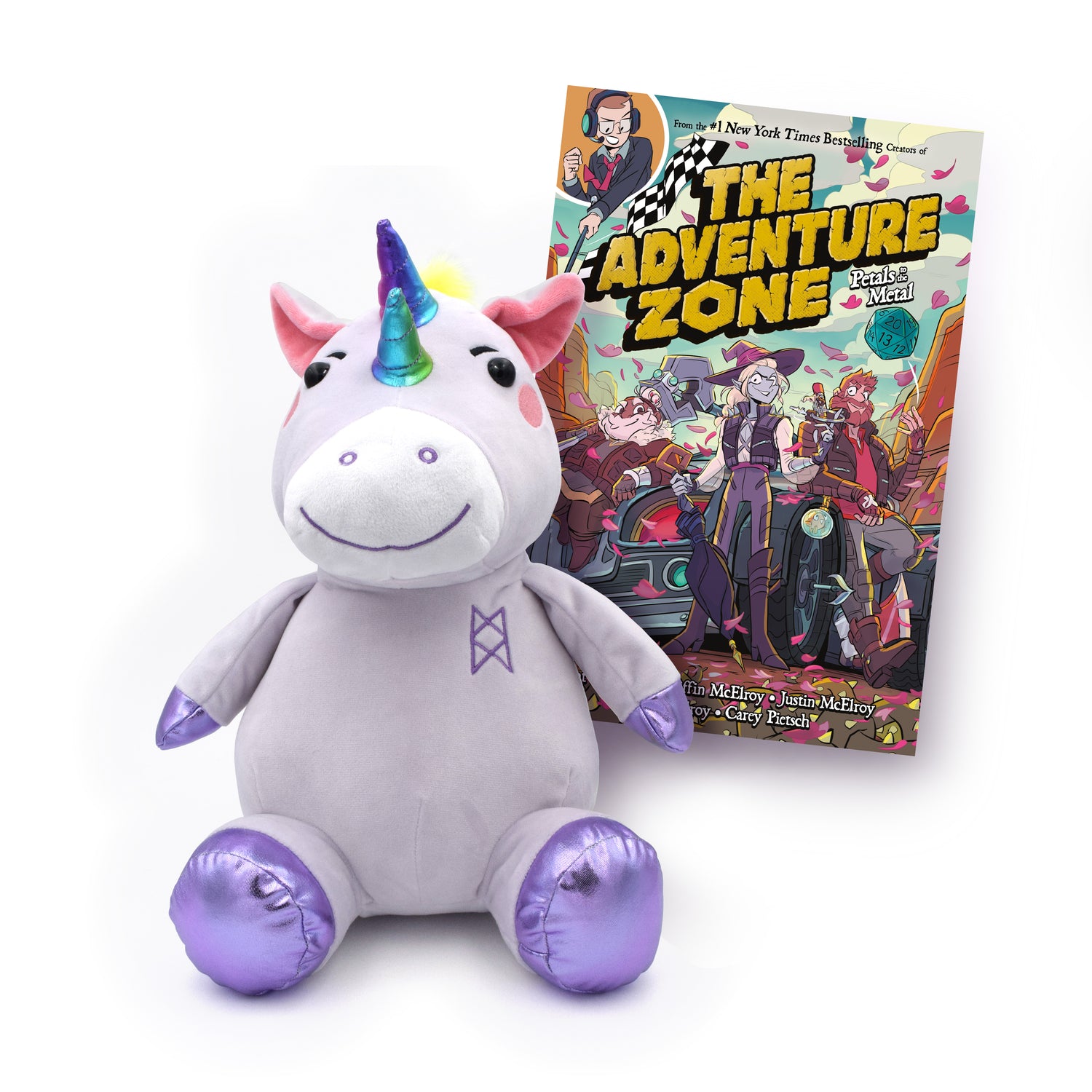 An image of the Garyl and Petals to the Metal bundle. In the foreground is a Garyl plushie. He is made of a lilac material with metallic purple hooves and metallic rainbow horns. In the background is the cover art for the Petals to the Metal graphic novel.