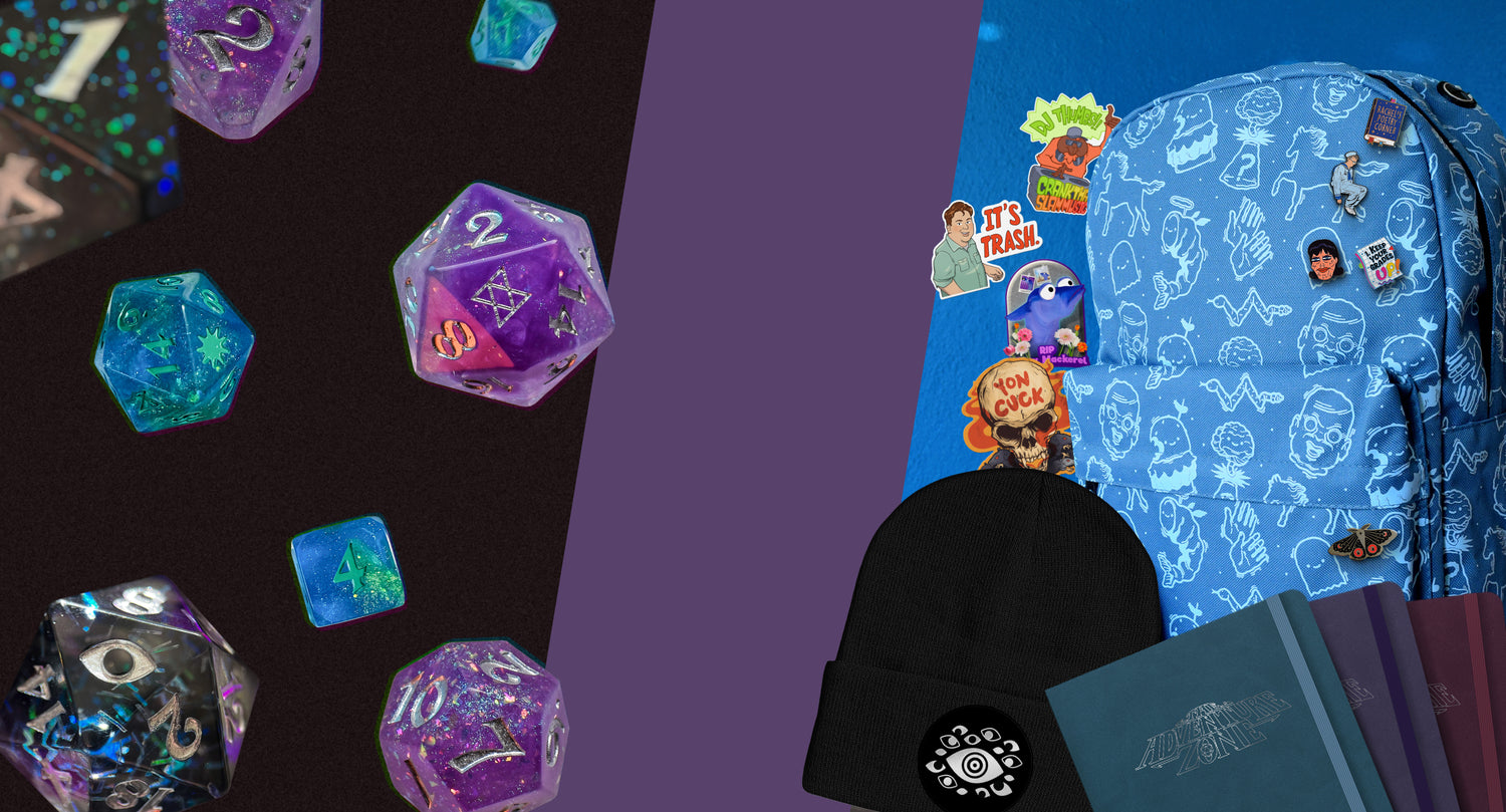 A colorful collage of mcelroy products, featuring glittery black, purple and blue dice, a blue patterned mbmbam backpack with enamel pins on it, stickers on a blue wall, notebooks with the adventure zone logo on them, and a black beanie with embroidered eyeballs on the brim.