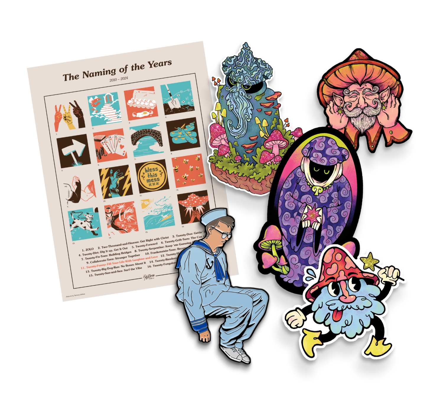 The March McElroy merch items. From left to right, there is a poster illustrating each Naming of the Year, a Little Sailor Man enamel pin, and a Fungalore sticker pack. 