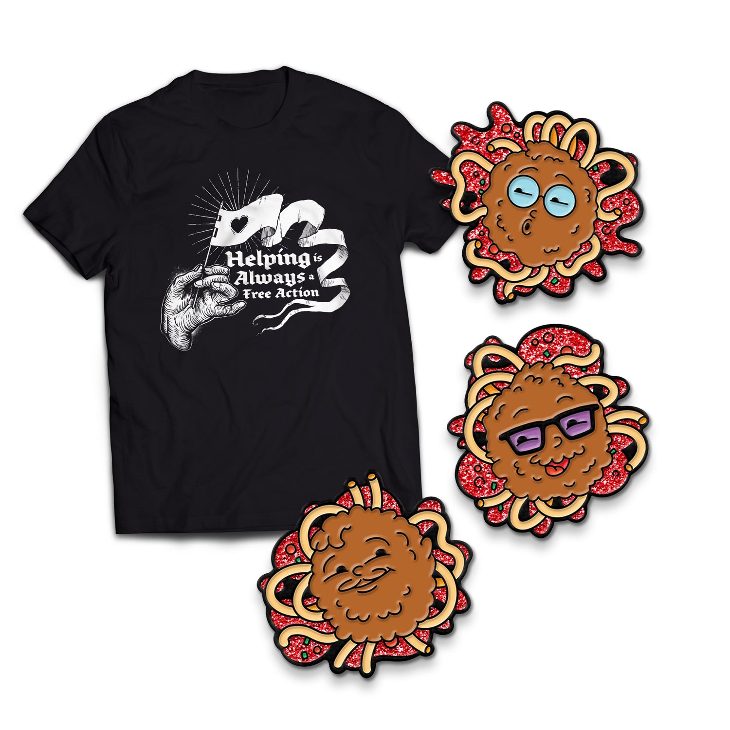 The March McElroy merch items. On the left is a black tee shirt with a woodcut print style illustration of a hand waving a white flag. Below the flag it says, “Helping is always a free action.” On the right are three enamel pins of the McElroy brothers as meatballs in spaghetti splats. 