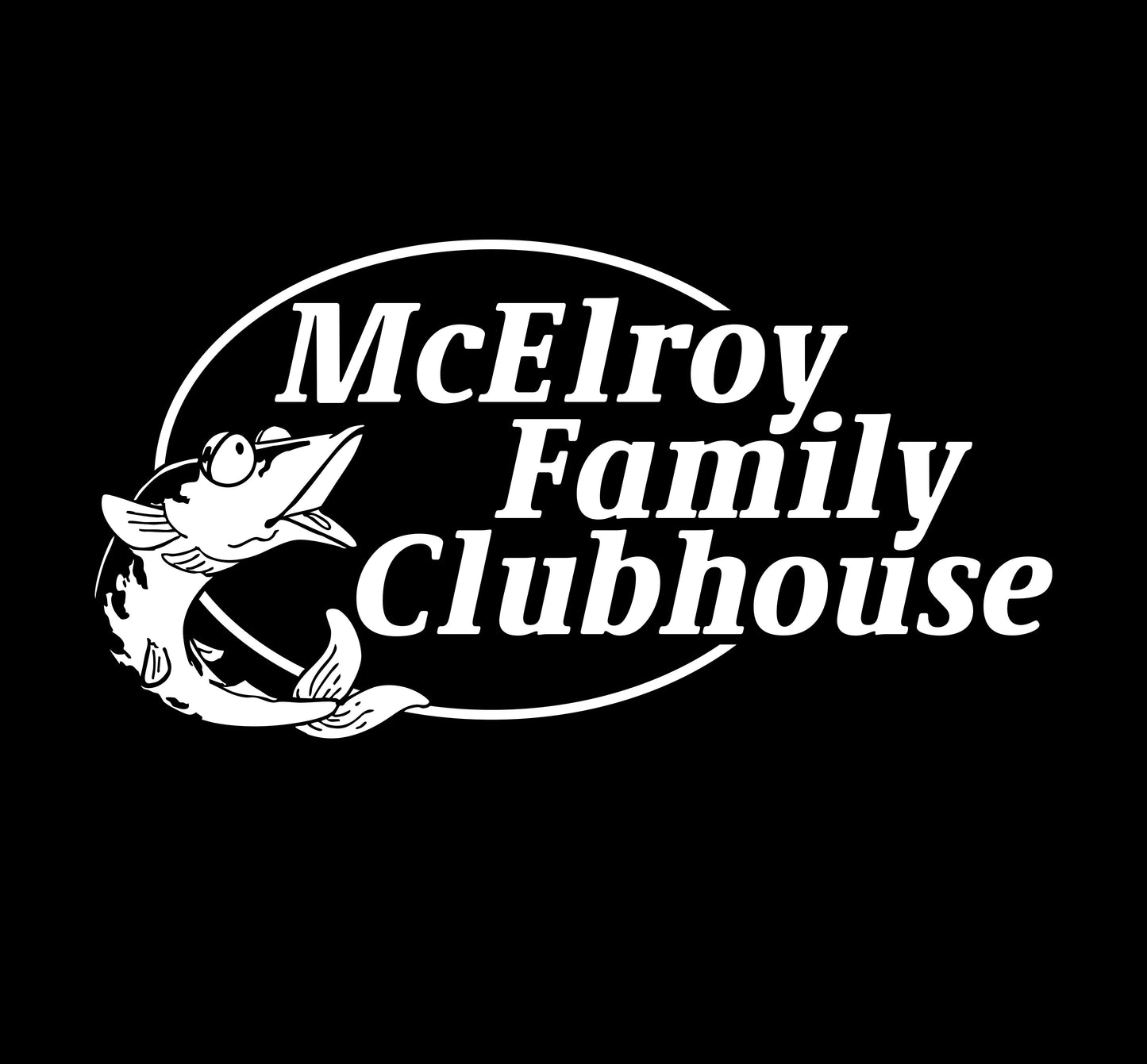 An isolated logo design featuring a drawing of Miggy Mackerel and the caption "McElroy Family Clubhouse"