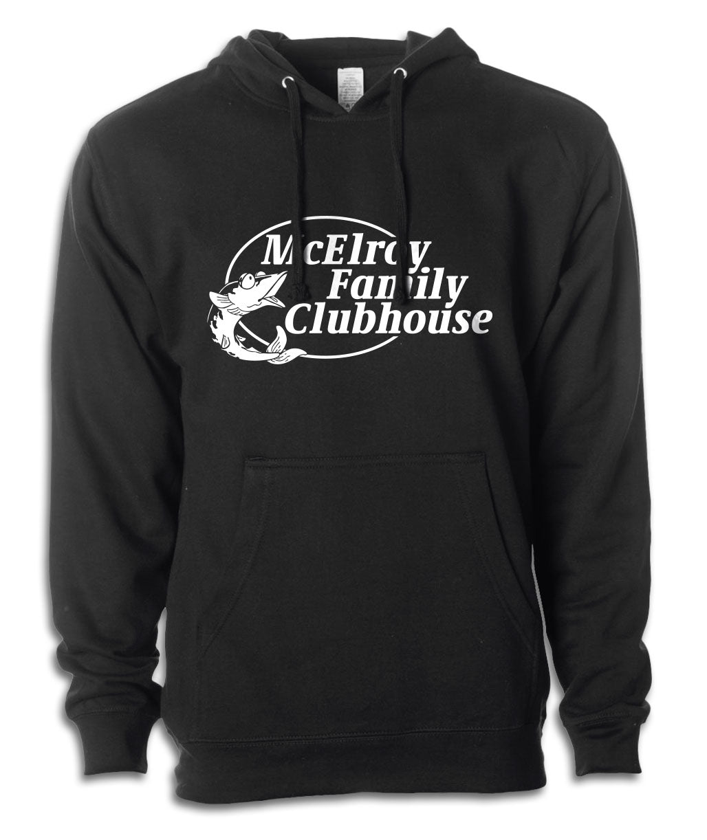 A mockup of a black hoodie with a white design featuring a drawing of Miggy Mackerel and the caption "McElroy Family Clubhouse"