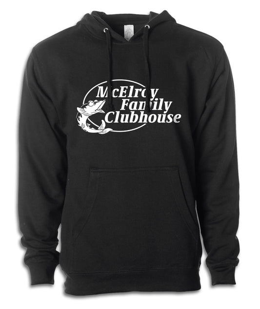 A mockup of a black hoodie with a white design featuring a drawing of Miggy Mackerel and the caption "McElroy Family Clubhouse"