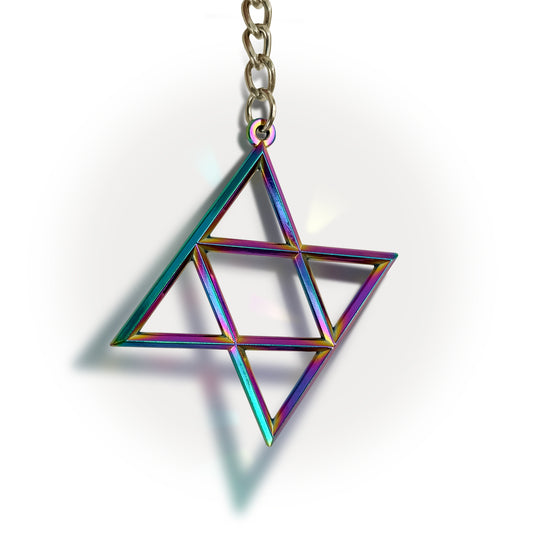 Image of a rainbow anodized keychain. It is in the shape of the BoB symbol hanging from a silver chain. 