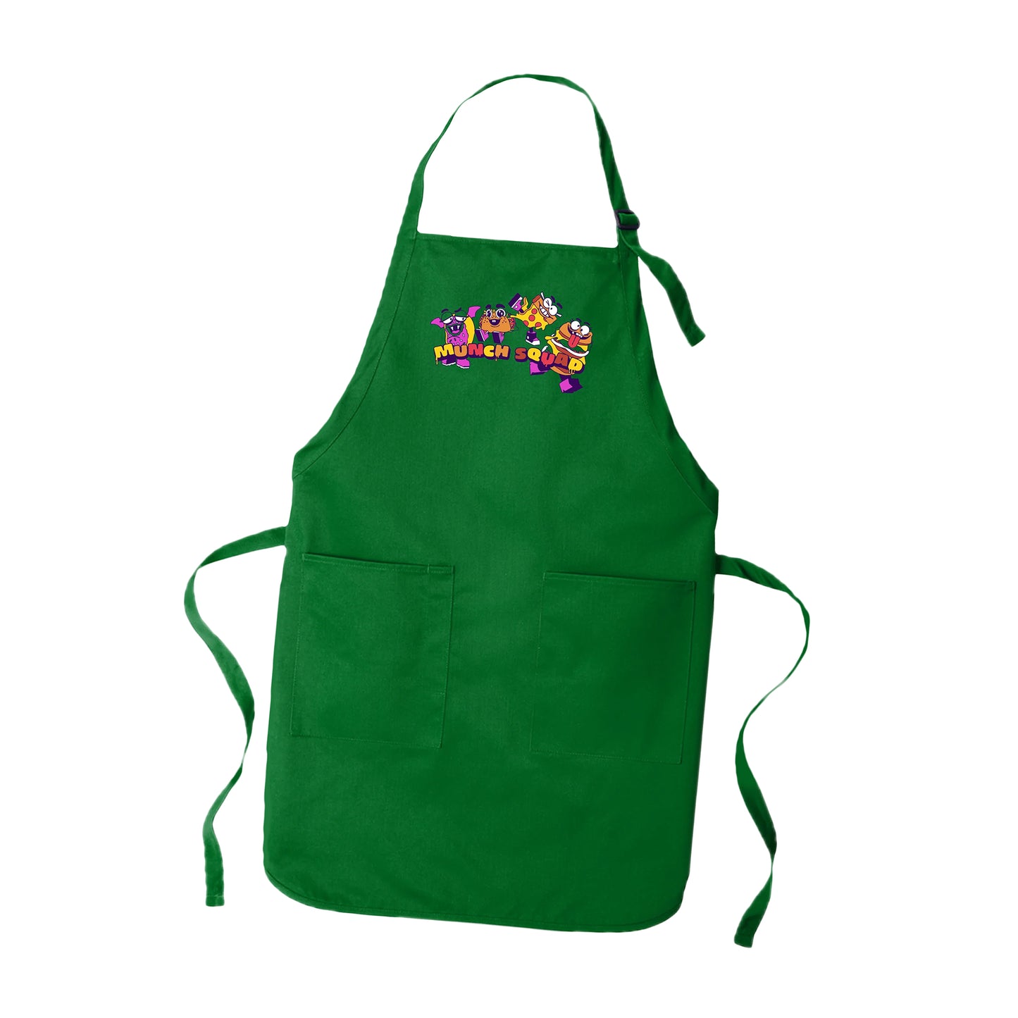 A kelly green apron with two pockets. The front has an illustration of junk food items. From left to right, a vampire donut with purple frosting, a taco with big sparkly eyes, a high kicking slice of pizza wearing glasses, and a double cheeseburger making a silly face. Beneath them it says “Munch Squad” in all caps and colorful letters.