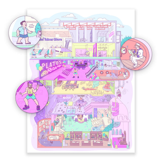 A poster of an illustration of Plato’s Rave. There are 6 main levels, with many smaller offshoots, alcoves, and rooms. The first three levels are above ground, the rest are below. The colors are pastel and soft neons, and there are myriad visual references to the McElroy Family podcasts. Three inset images show closeup details of Justin about to enter the store, Travis dancing, and Griffin in his sailor suit.
