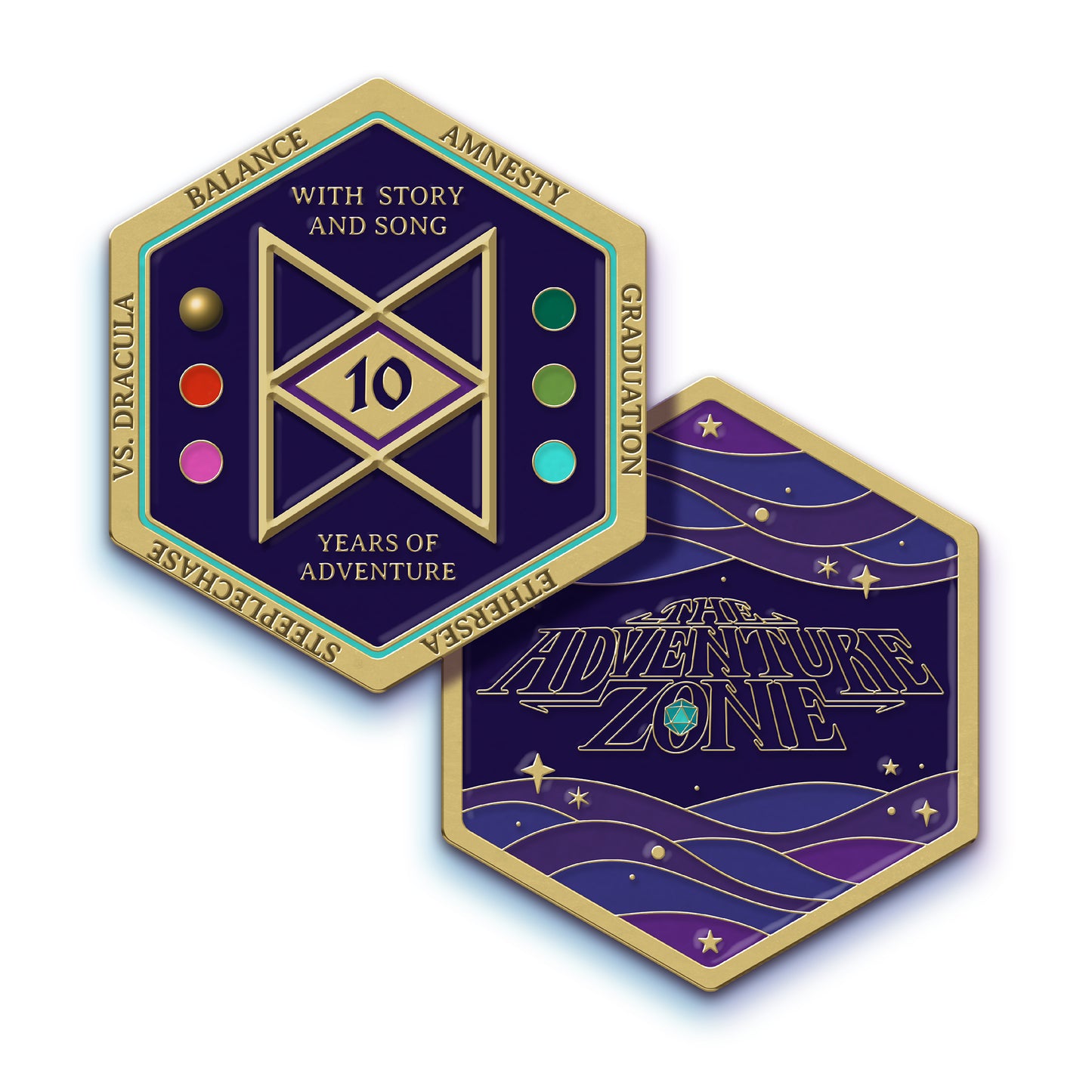 A enamel hexagonal coin with gold edges. The front of the coin has a design of purple waves with the TAZ logo and different types of golden stars. The back of the coin has the Balance logo in the center. On either side of the logo are colored circles representing each campaign. In the center of the logo is the number 10. Around the edges of the coin it says the name of each campaign.