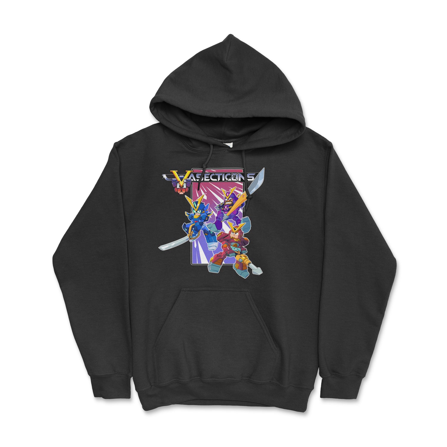 Black hoodie with colorful design printed in the middle with Vasections written on the top.