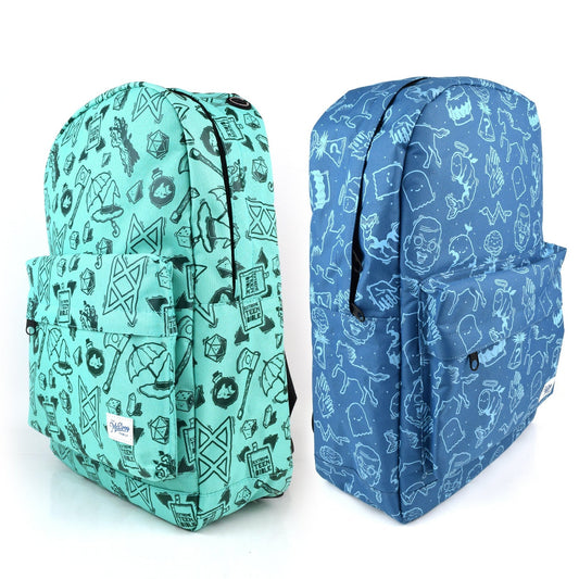Two backpacks, one teal and one blue. Both have a white patch that says, "The McElroy Family" in blue on it. The teal one drawings of the B.o.B. sigil, the extreme teen bible, Merle's arm, Magnus's ax, Taako's umbrella and hat, and a d20. The blue one has illustrations of a doll head, an angular snake, a shrimp with wings and halo, two hands waving, a ghost, and a horse.