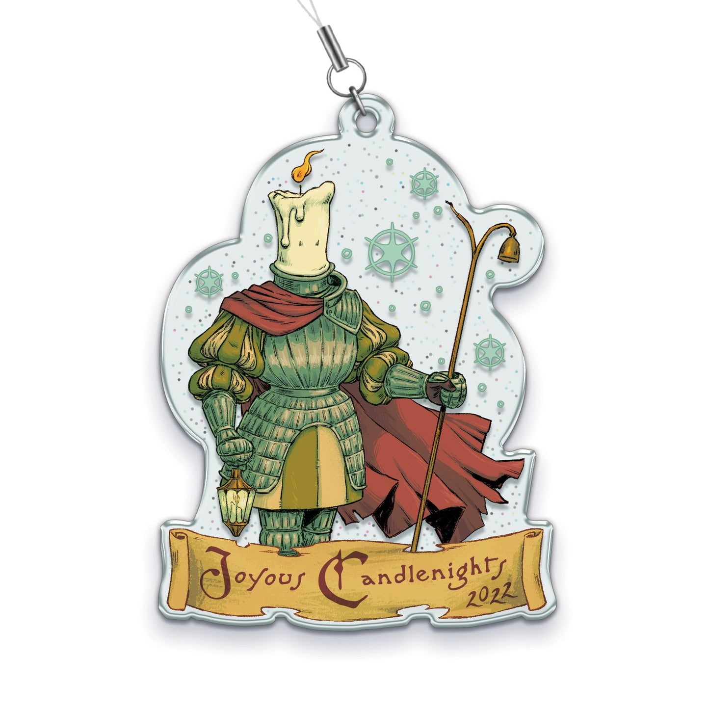 An acrylic ornament with an illustration of a burning candle wearing armor and holding a golden staff. It is surrounded by snowflakes and has a red cape. Below, it says, “Joyous Candlenights 2022”.